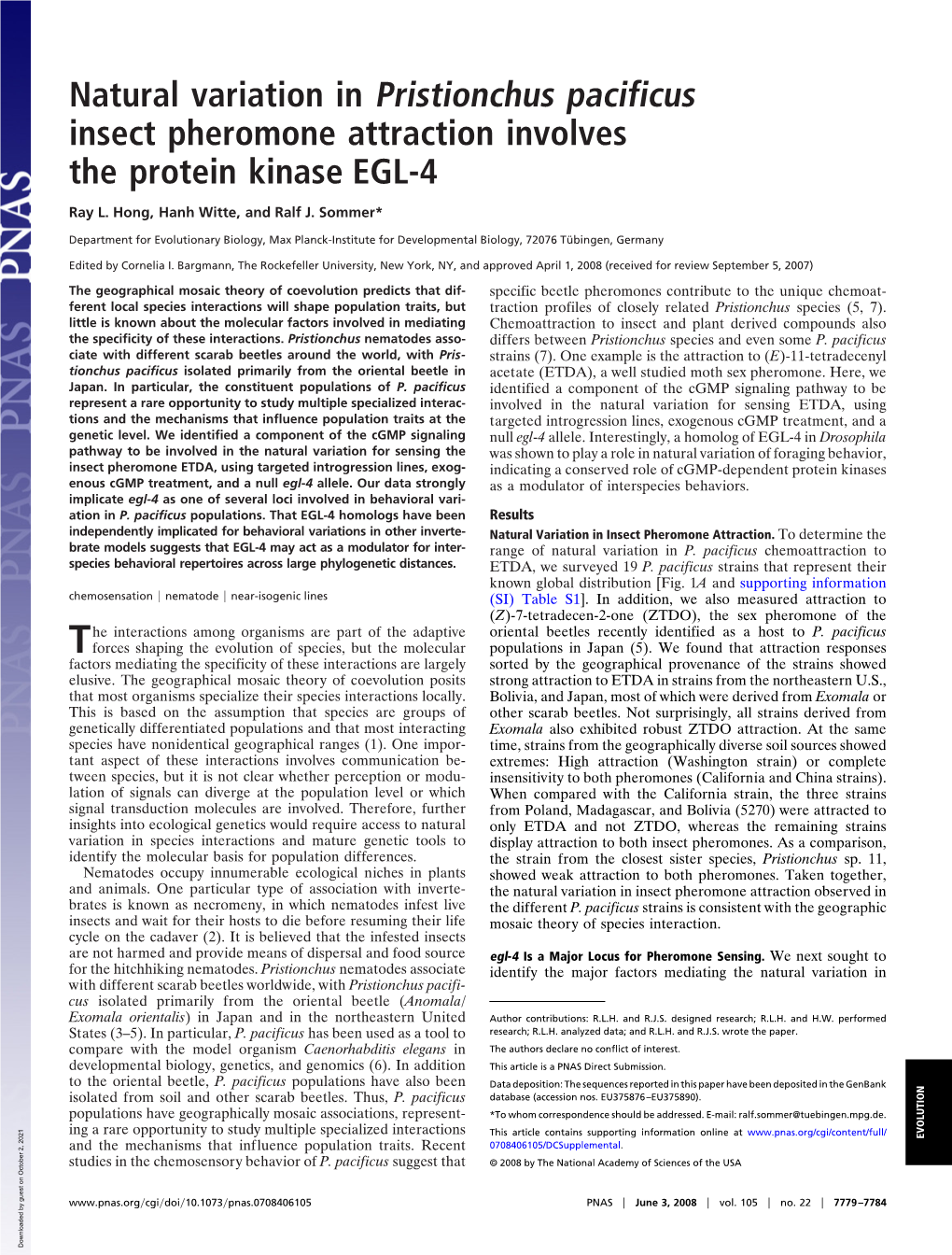 Natural Variation in Pristionchus Pacificus Insect Pheromone Attraction Involves the Protein Kinase EGL-4