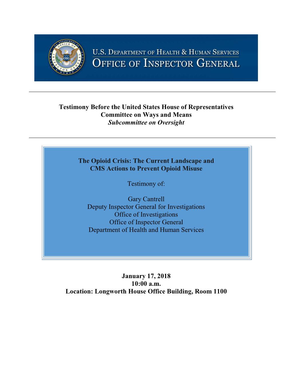 Testimony Before the United States House of Representatives Committee on Ways and Means Subcommittee on Oversight
