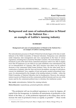 Background and Cases of Nationalization in Poland in the Stalinist Era – an Example of Lublin’S Tanning Industry