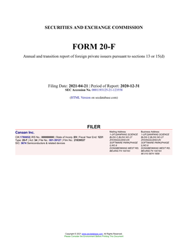 Canaan Inc. Form 20-F Filed 2021-04-21
