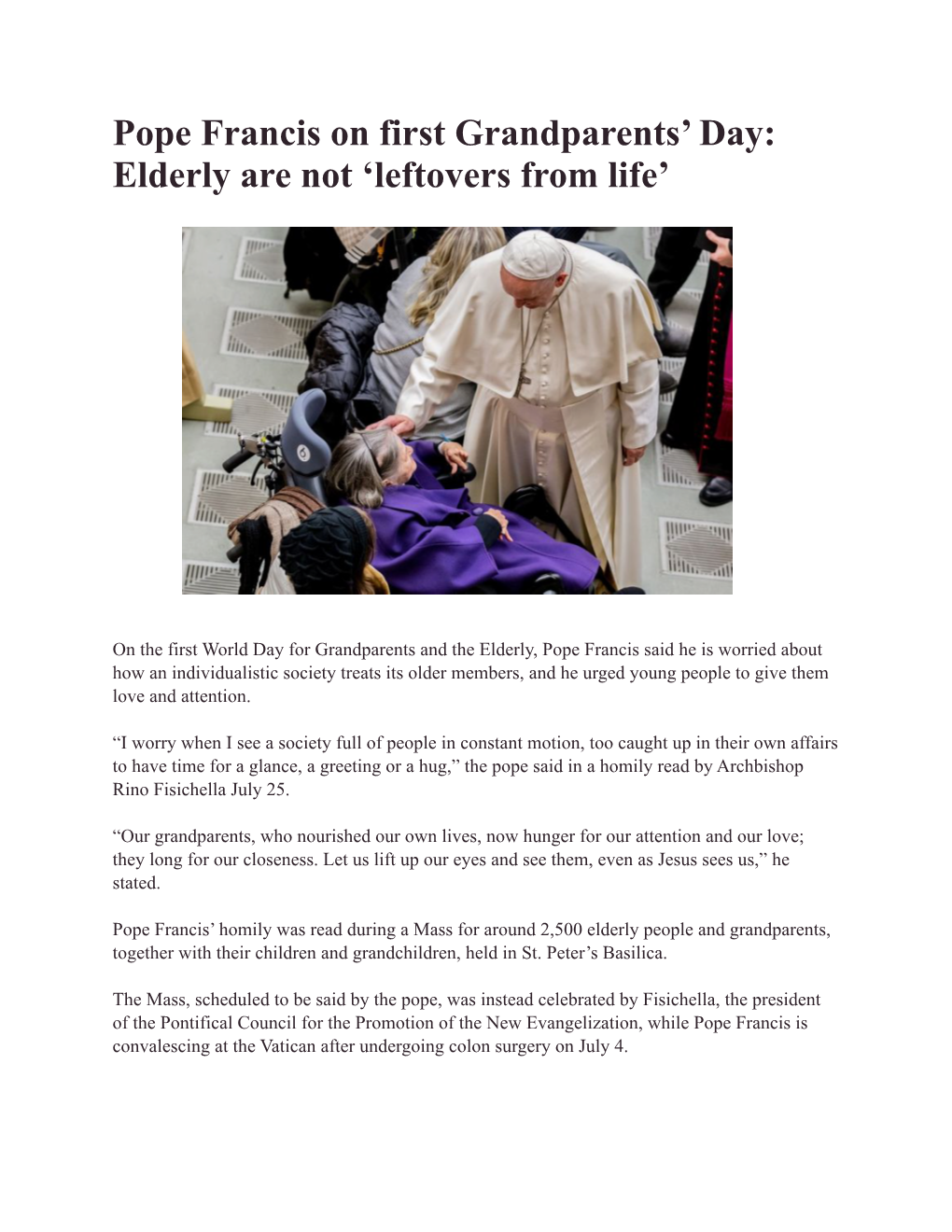 Pope Francis on First Grandparents' Day: Elderly Are Not 'Leftovers from Life'