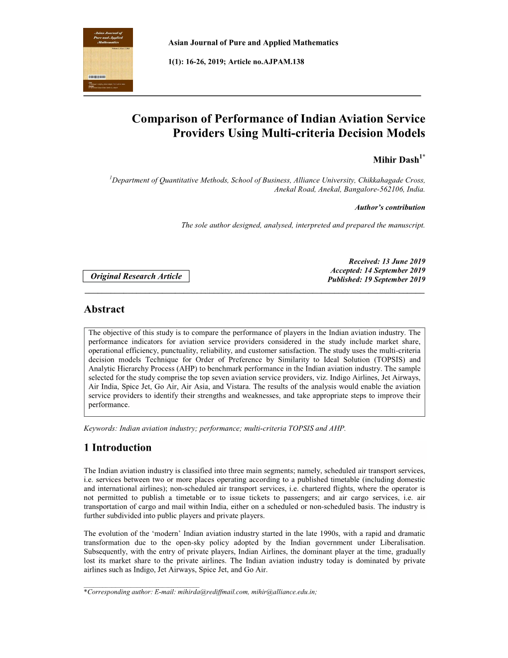 Comparison of Performance of Indian Aviation Service Providers Using Multi-Criteria Decision Models