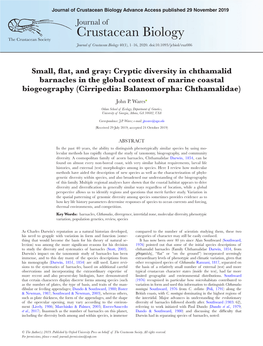 Crustacean Biology Advance Access Published 29 November 2019 Journal of Crustacean Biology the Crustacean Society Journal of Crustacean Biology 40(1), 1–16, 2020