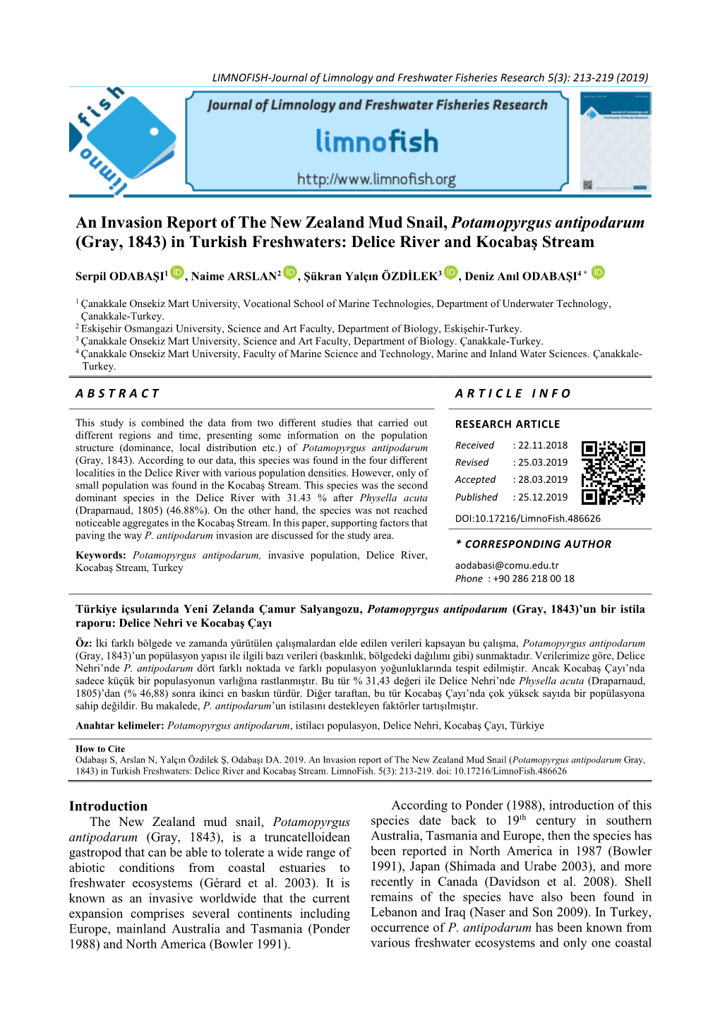 An Invasion Report of the New Zealand Mud Snail, Potamopyrgus Antipodarum (Gray, 1843) in Turkish Freshwaters: Delice River and Kocabaş Stream