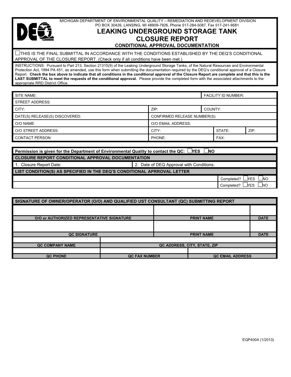 Closure Conditional Approval Documentation EQP4004