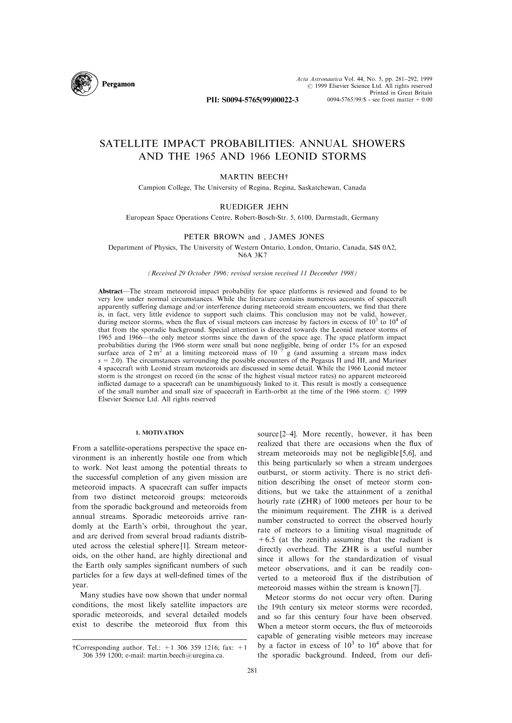 Satellite Impact Probabilities: Annual Showers and the 1965 and 1966 Leonid Storms