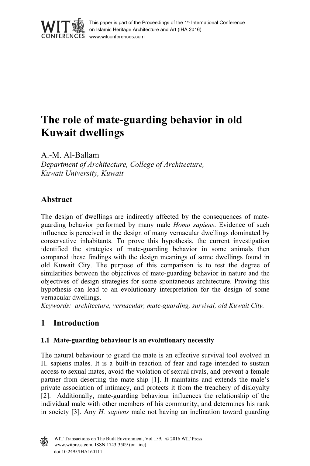 The Role of Mate-Guarding Behavior in Old Kuwait Dwellings