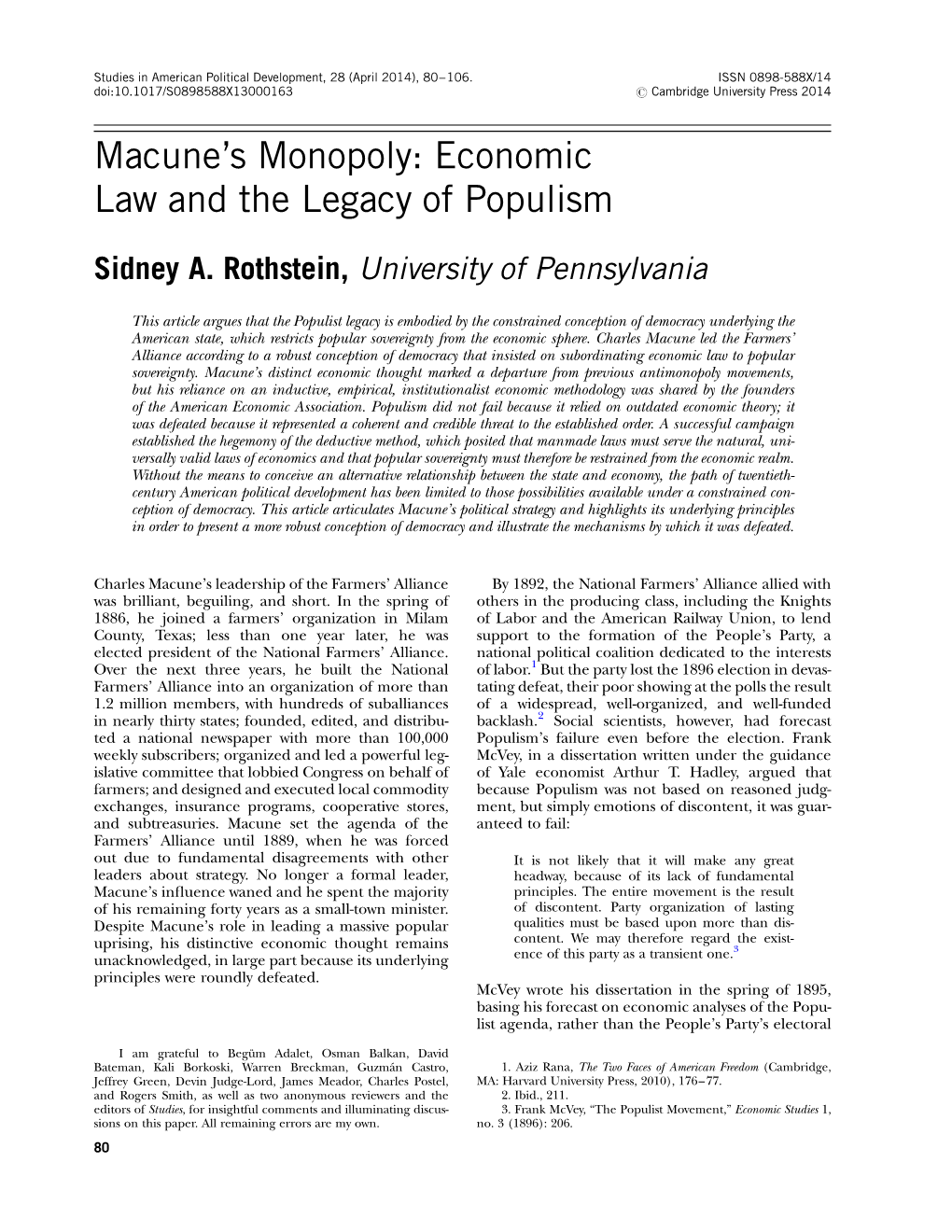 Macune's Monopoly: Economic Law and the Legacy of Populism