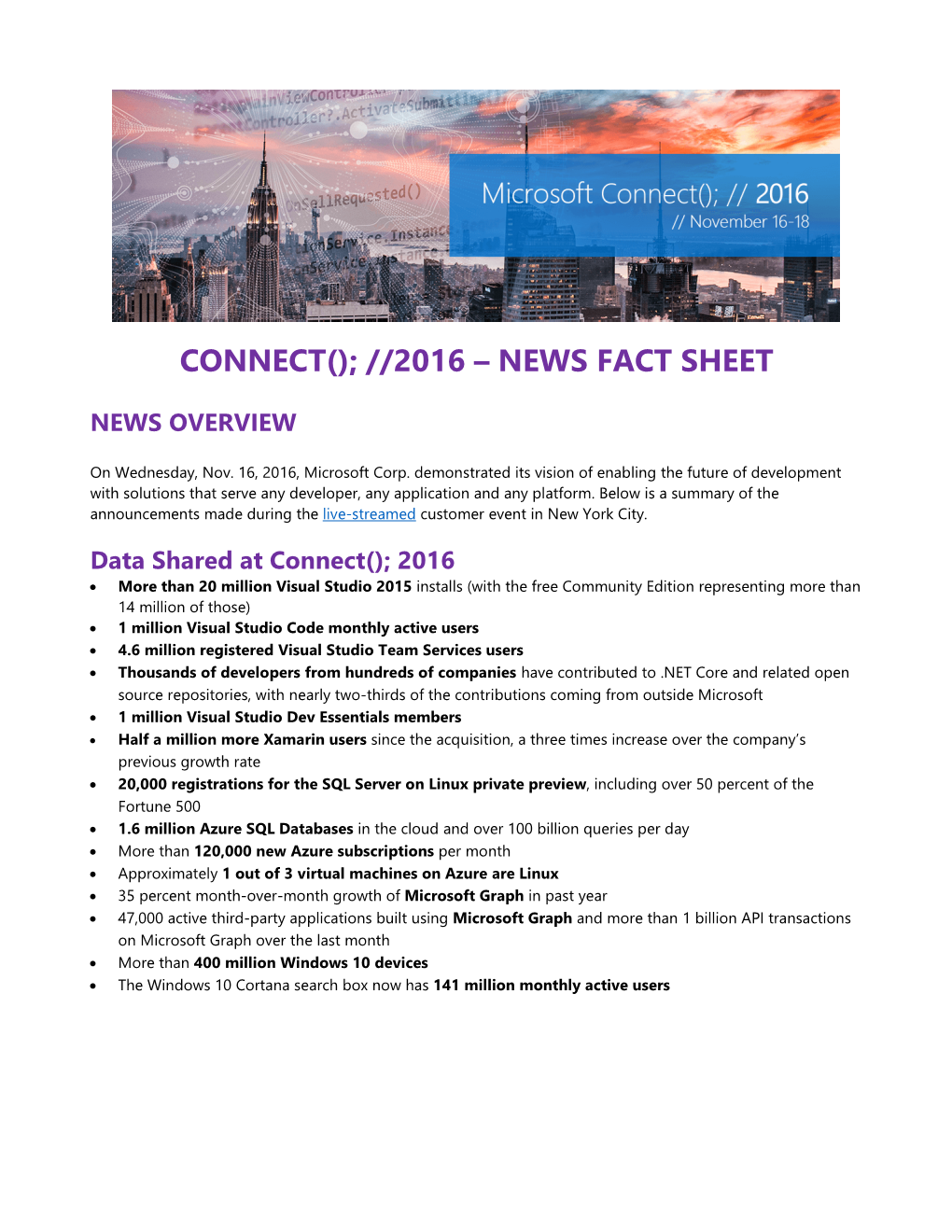 Microsoft Connect 2016 Fact Sheet