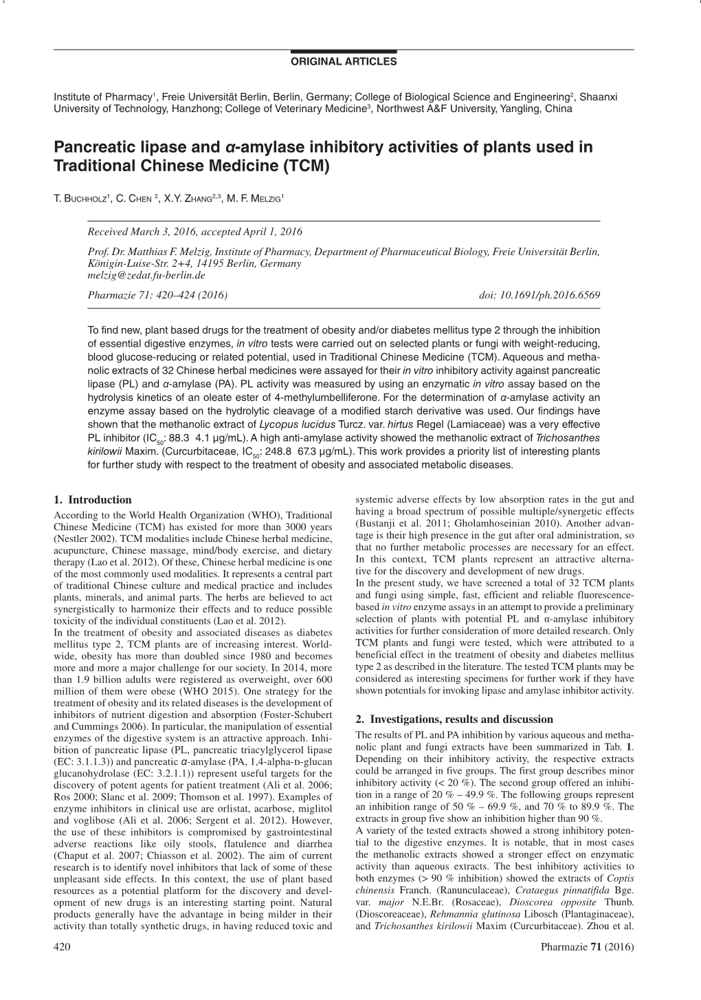 Pancreatic Lipase and Α-Amylase Inhibitory Activities of Plants Used in Traditional Chinese Medicine (TCM)