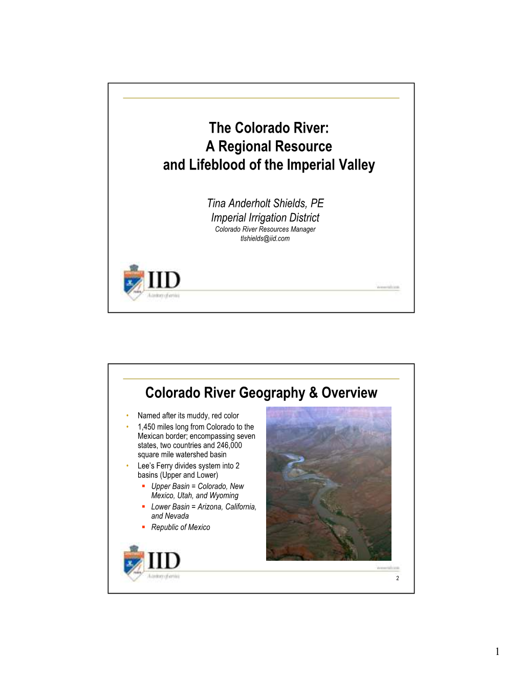 The Colorado River: a Regional Resource and Lifeblood of the Imperial Valley