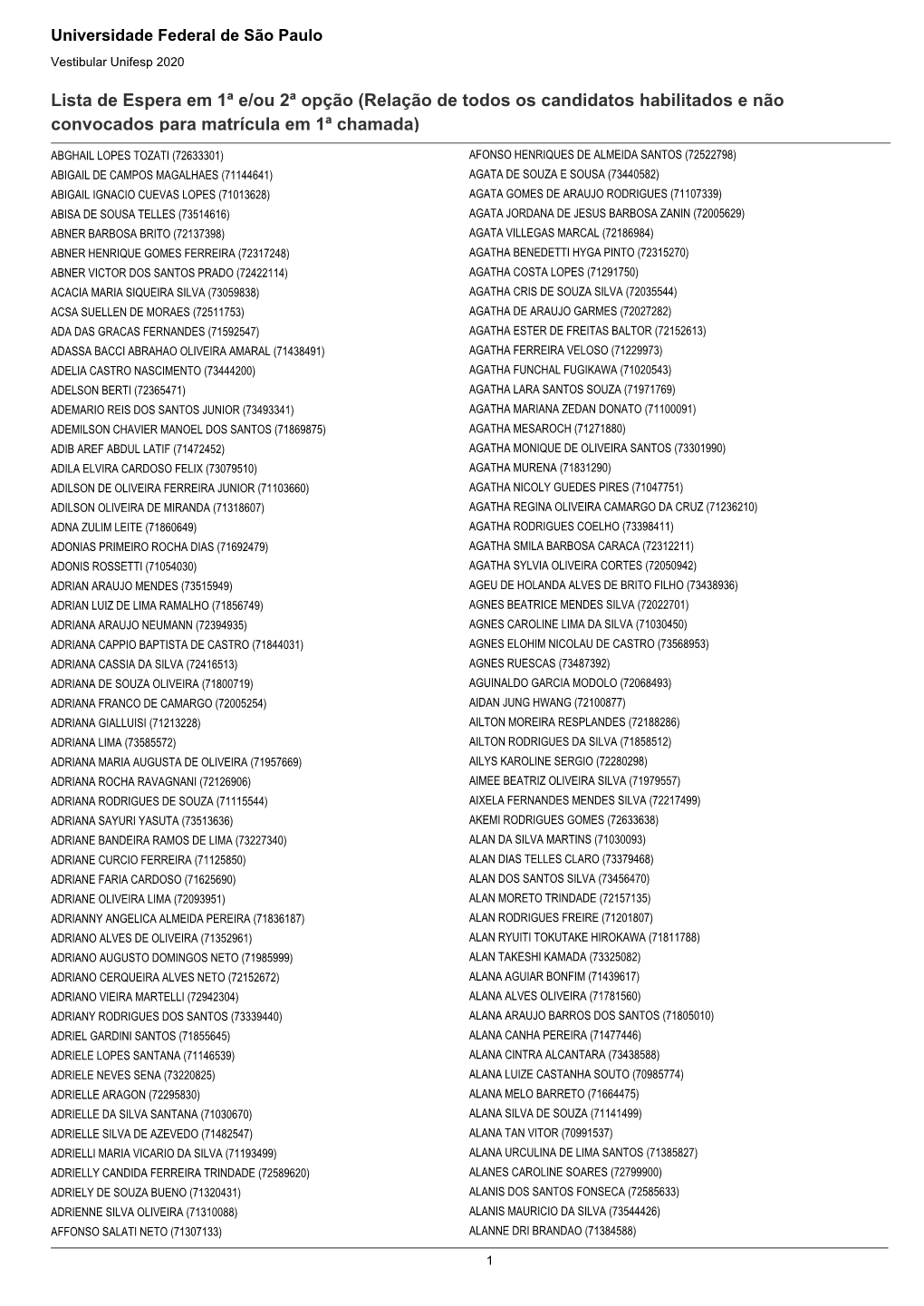 Lista De Espera Em 1ª E/Ou 2ª Opção (Relação De Todos Os Candidatos Habilitados E Não Convocados Para Matrícula Em 1ª Chamada)