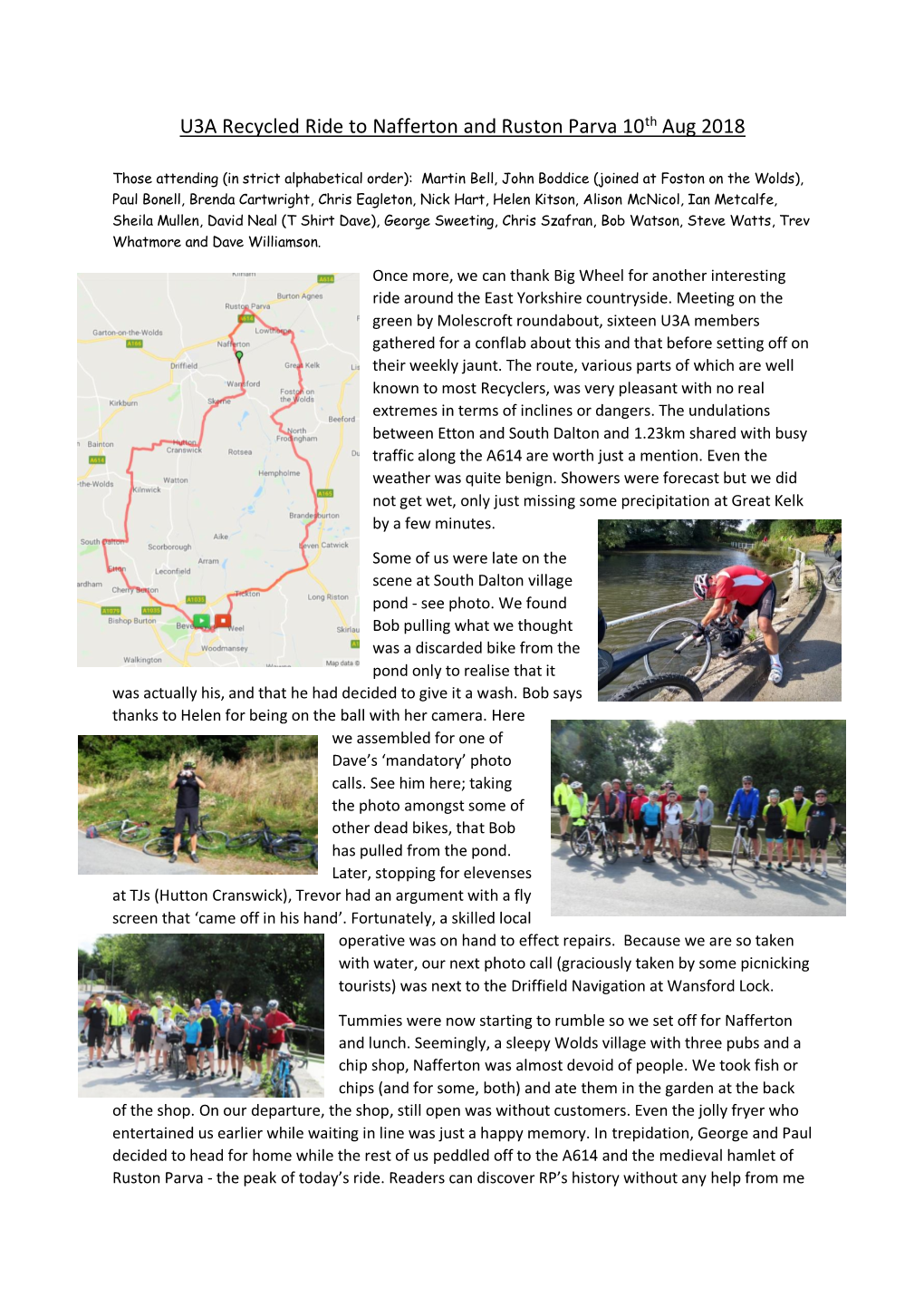 U3A Recycled Ride to Nafferton and Ruston Parva 10Th Aug 2018