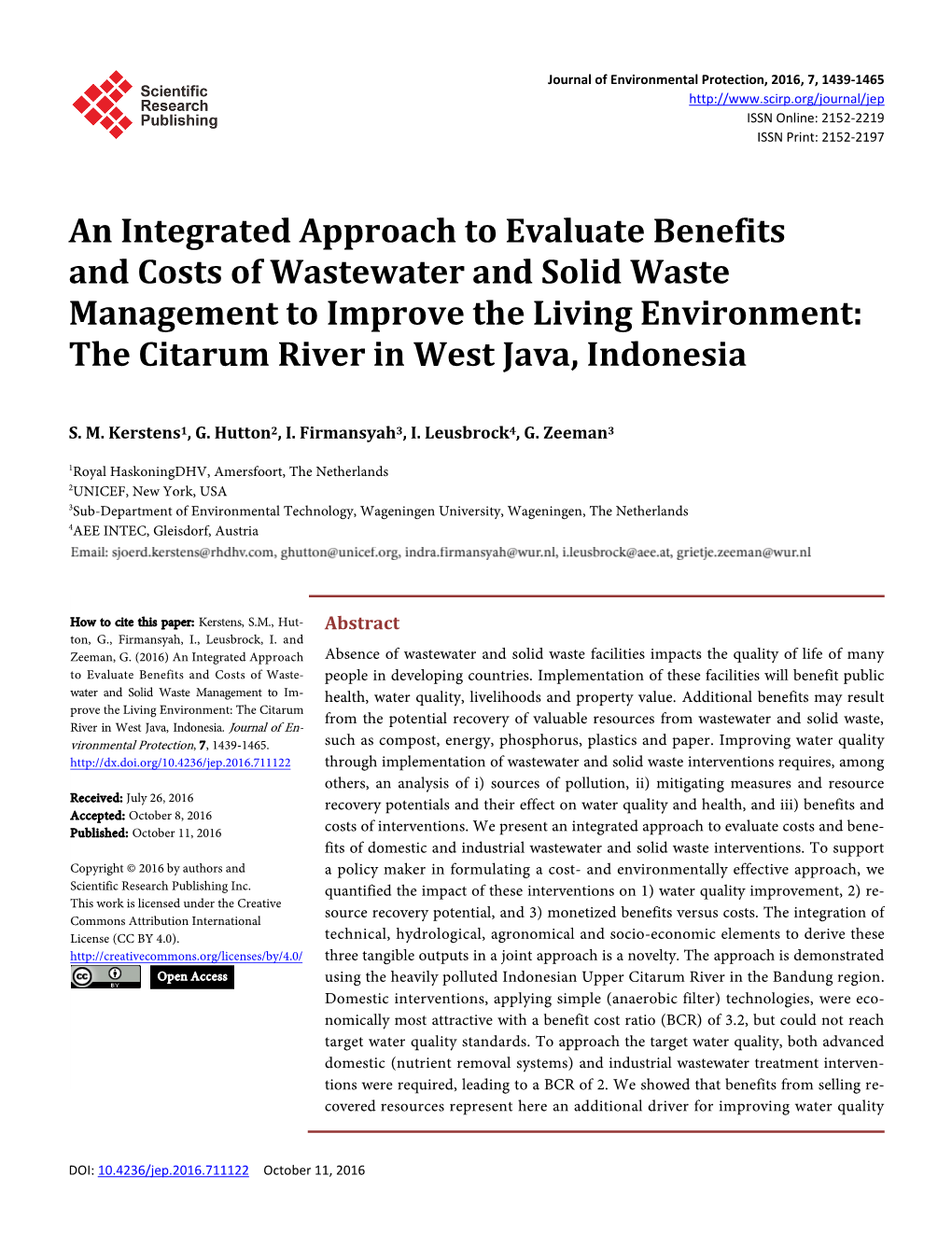 An Integrated Approach to Evaluate Benefits and Costs of Wastewater