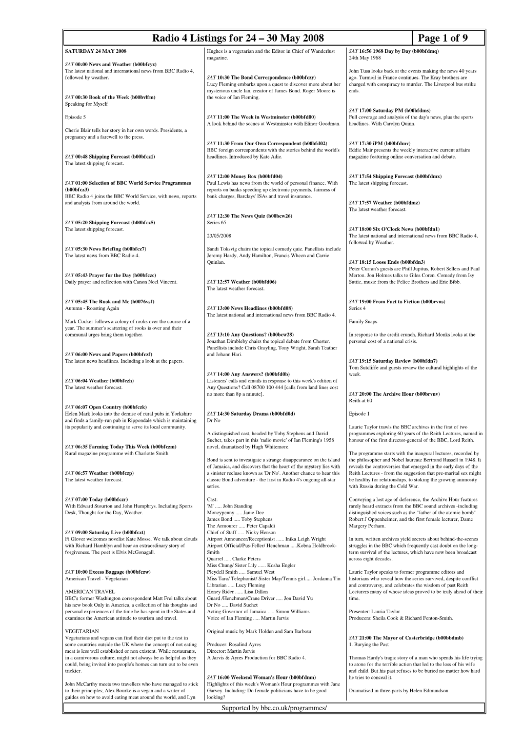 30 May 2008 Page 1 of 9 SATURDAY 24 MAY 2008 Hughes Is a Vegetarian and the Editor in Chief of Wanderlust SAT 16:56 1968 Day by Day (B00bfdmq) Magazine