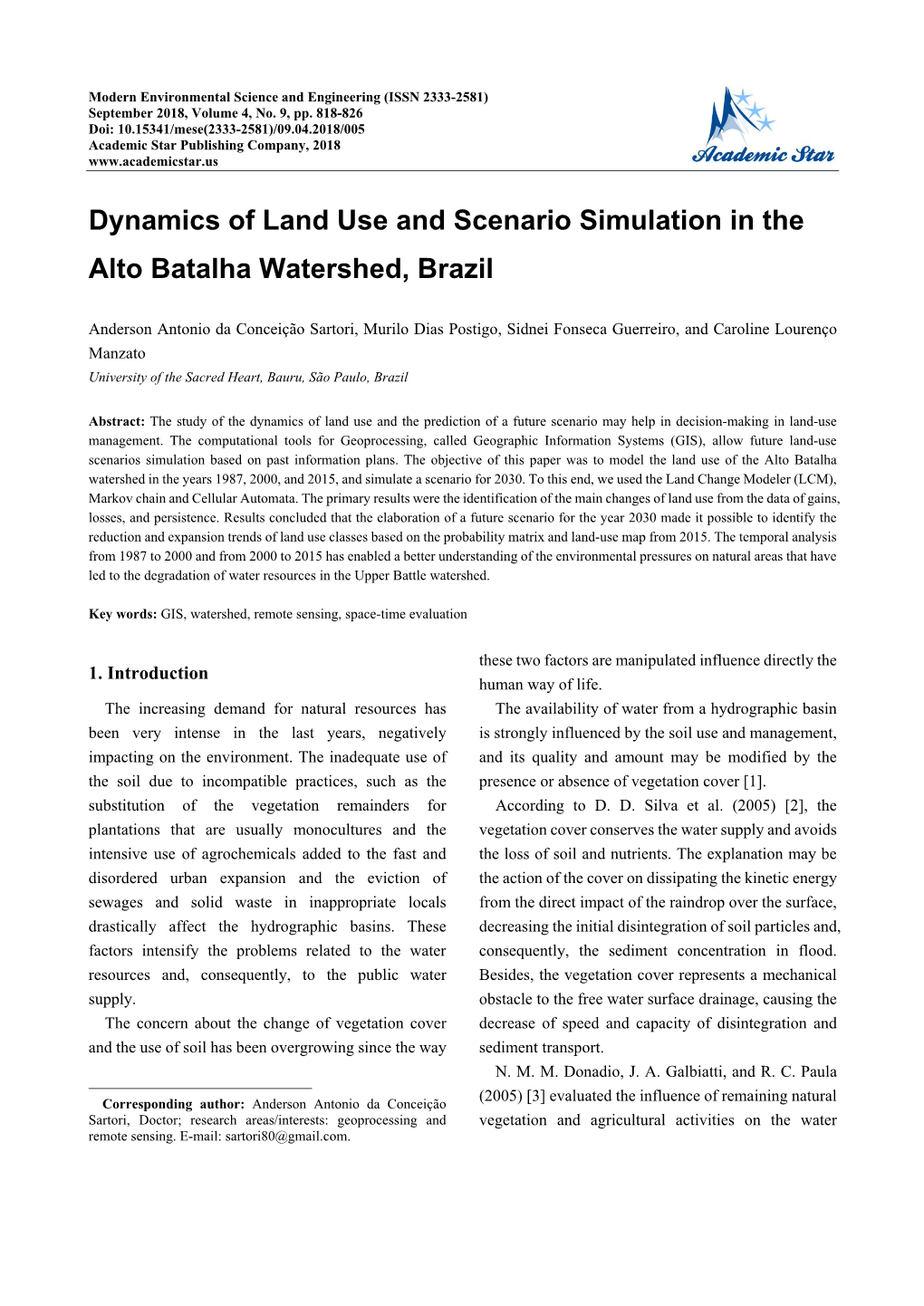 Dynamics of Land Use and Scenario Simulation in the Alto Batalha Watershed, Brazil