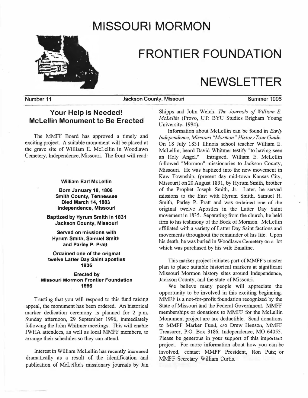 Missouri Mormon Frontier Foundation Newsletter