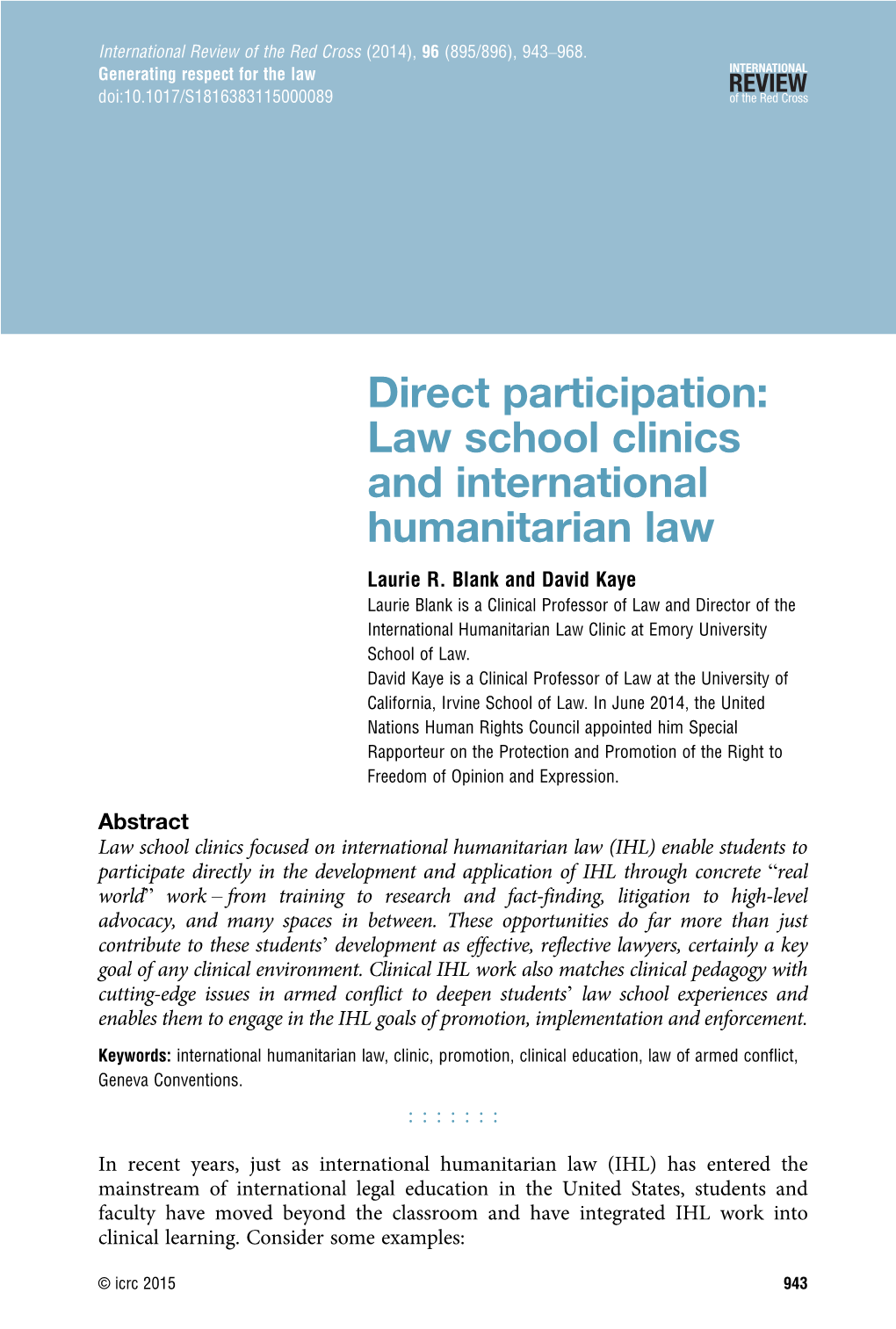 Direct Participation: Law School Clinics and International Humanitarian Law Laurie R