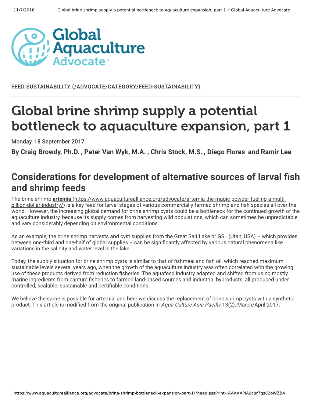 Global Brine Shrimp Supply a Potential Bottleneck to Aquaculture Expansion, Part 1 « Global Aquaculture Advocate