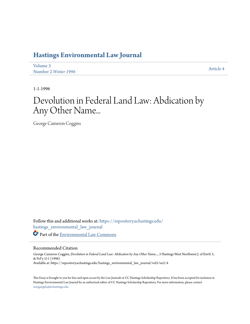 Devolution in Federal Land Law: Abdication by Any Other Name