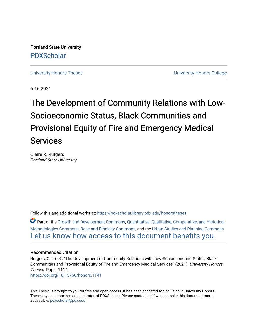 The Development of Community Relations with Low-Socioeconomic Status, Black Communities and Provisional Equity of Fire and Emergency Medical Services