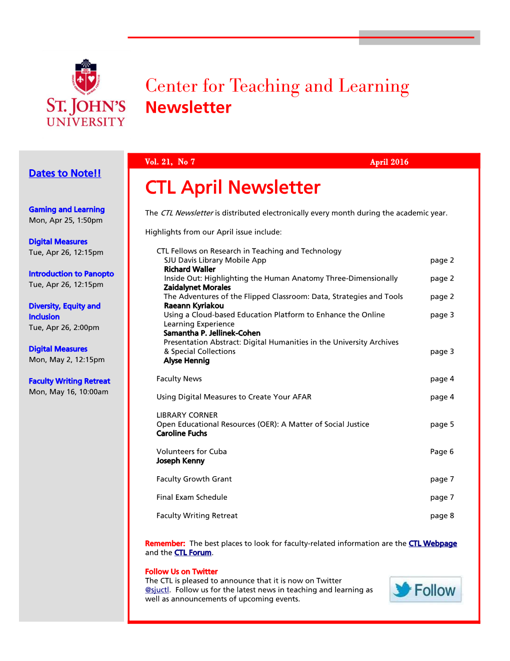 Center for Teaching and Learning Newsletter