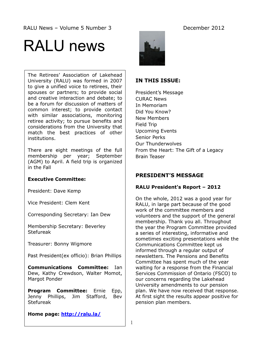 RALU News – Volume 5 Number 3 December 2012