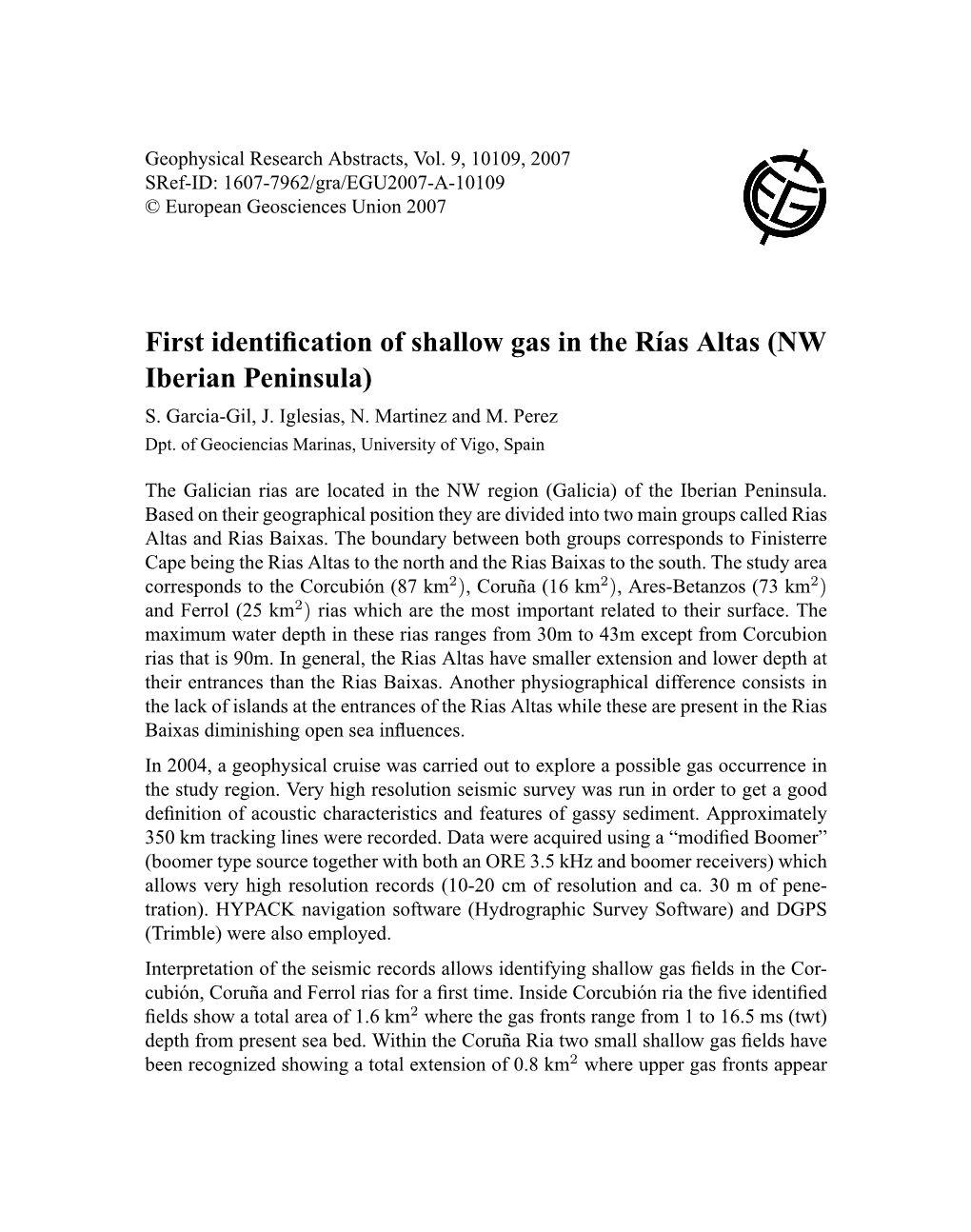 First Identification of Shallow Gas in the Rías Altas (NW Iberian