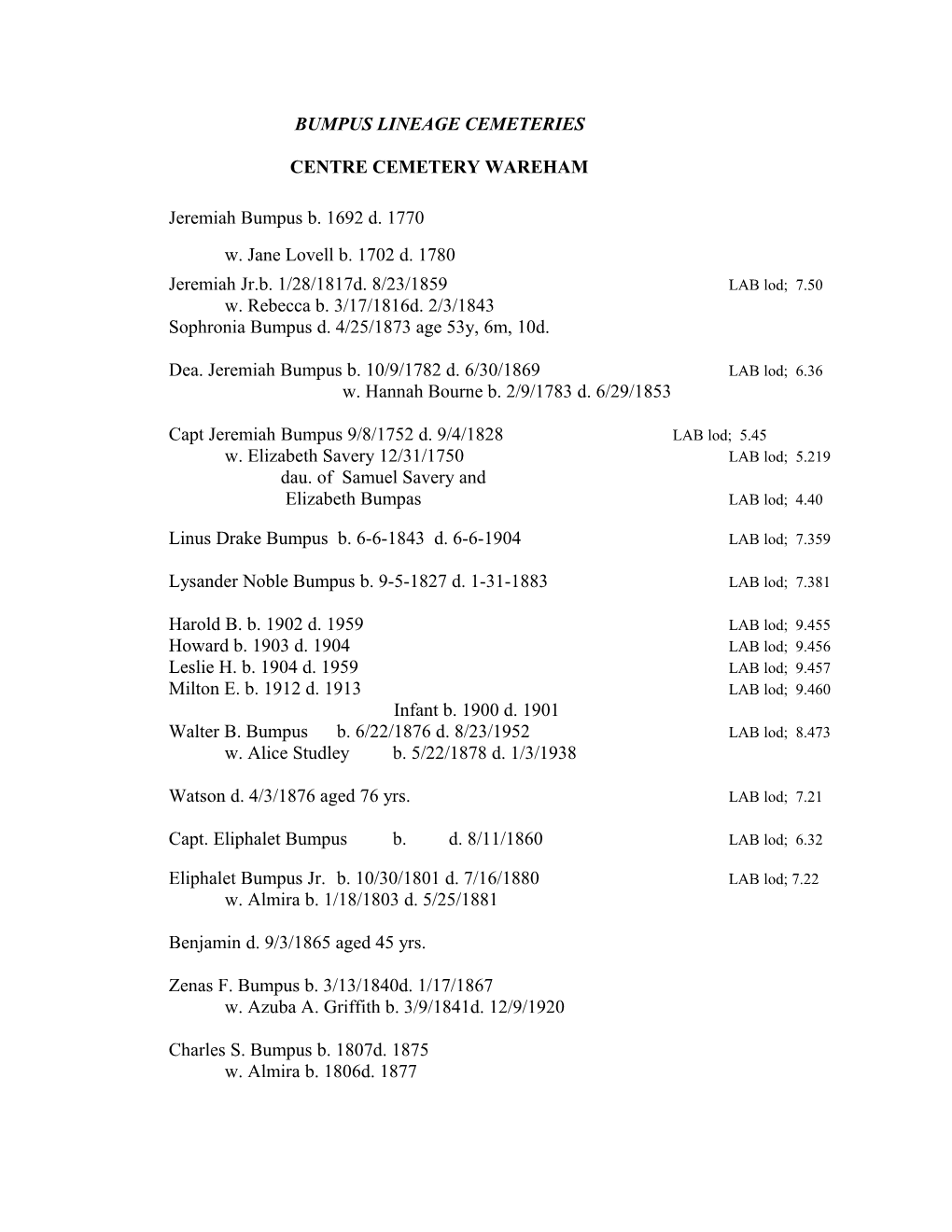 Bumpus Lineage Cemeteries