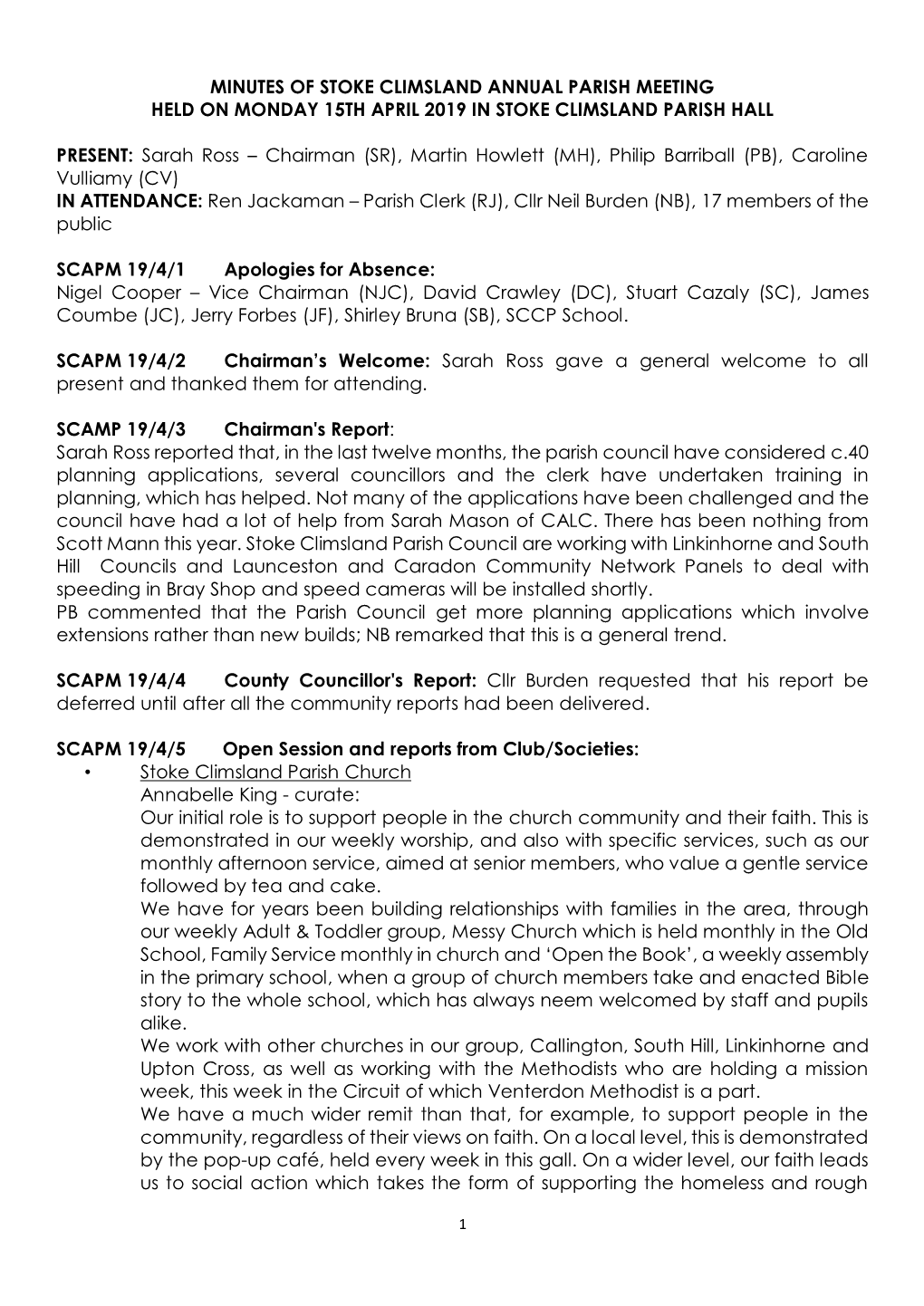 Minutes of Stoke Climsland Annual Parish Meeting Held on Monday 15Th April 2019 in Stoke Climsland Parish Hall