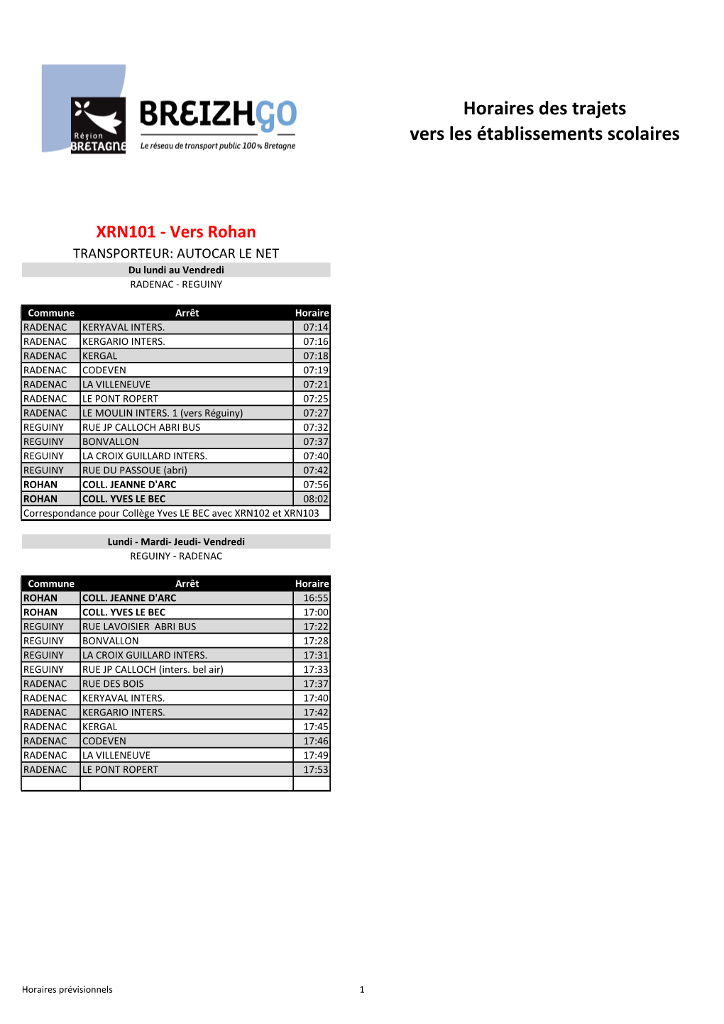 Horaires Des Trajets Vers Les Établissements Scolaires