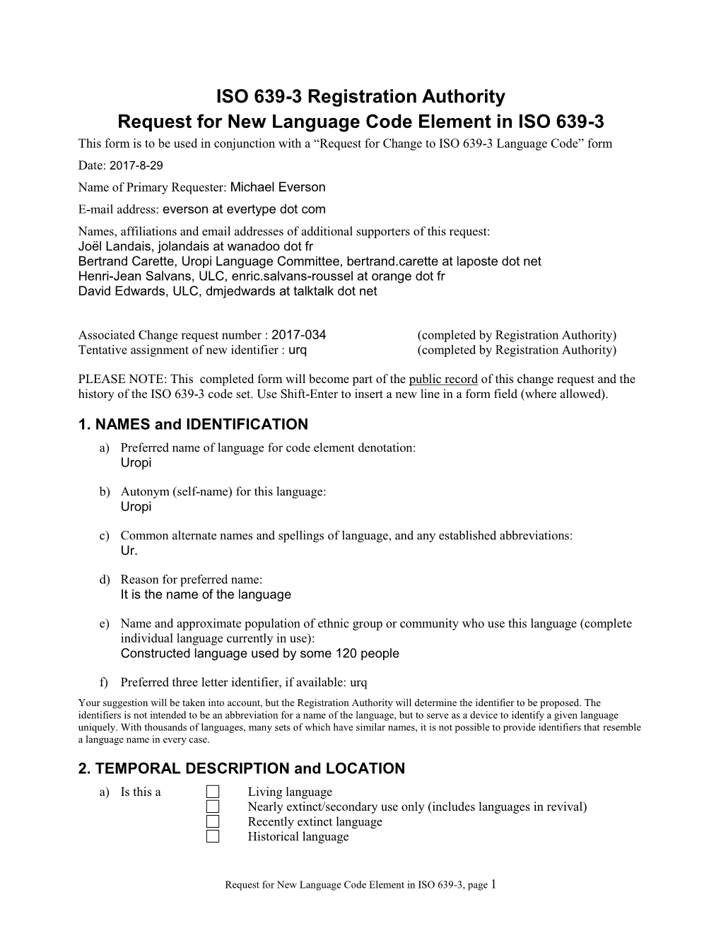 ISO 639-3 New Code Request