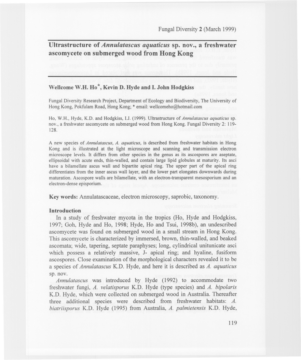 Of Annulatascus Aquaticus Sp. Nov., a Freshwater Ascomycete on Submerged Wood from Hong Kong