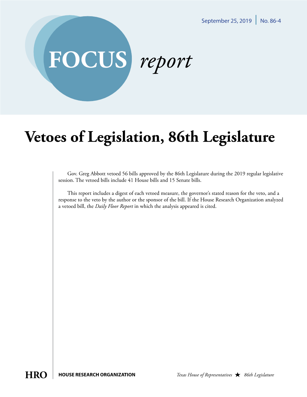 Vetoes of Legislation: 86Th Legislature