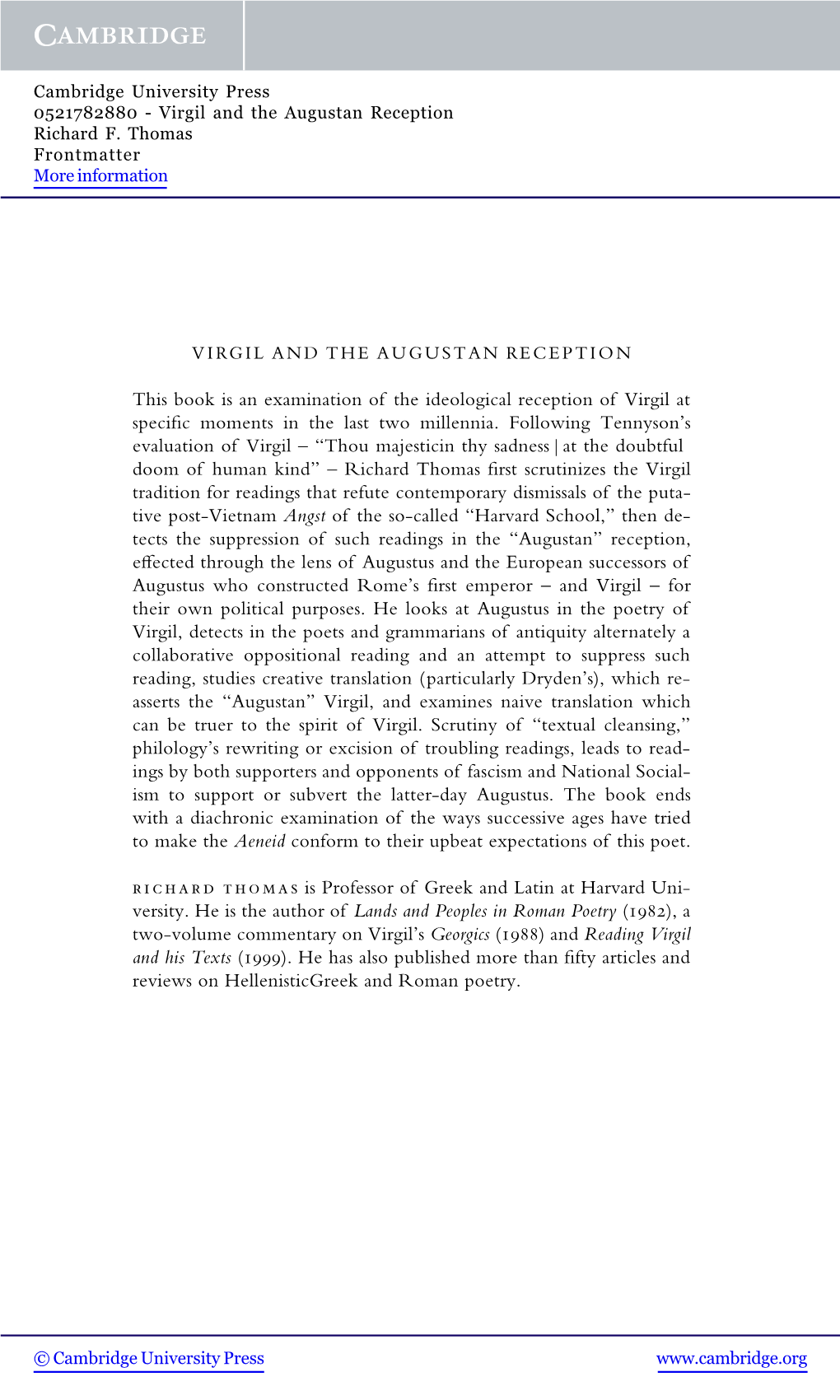 VIRGIL and the AUGUSTAN RECEPTION This Book Is An