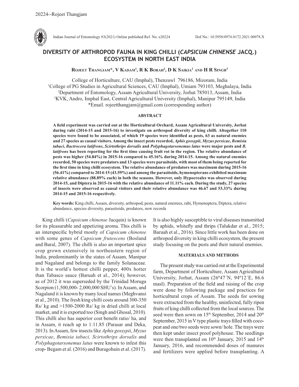 Diversity of Arthropod Fauna in King Chilli (Capsicum Chinense Jacq.) Ecosystem in North East India