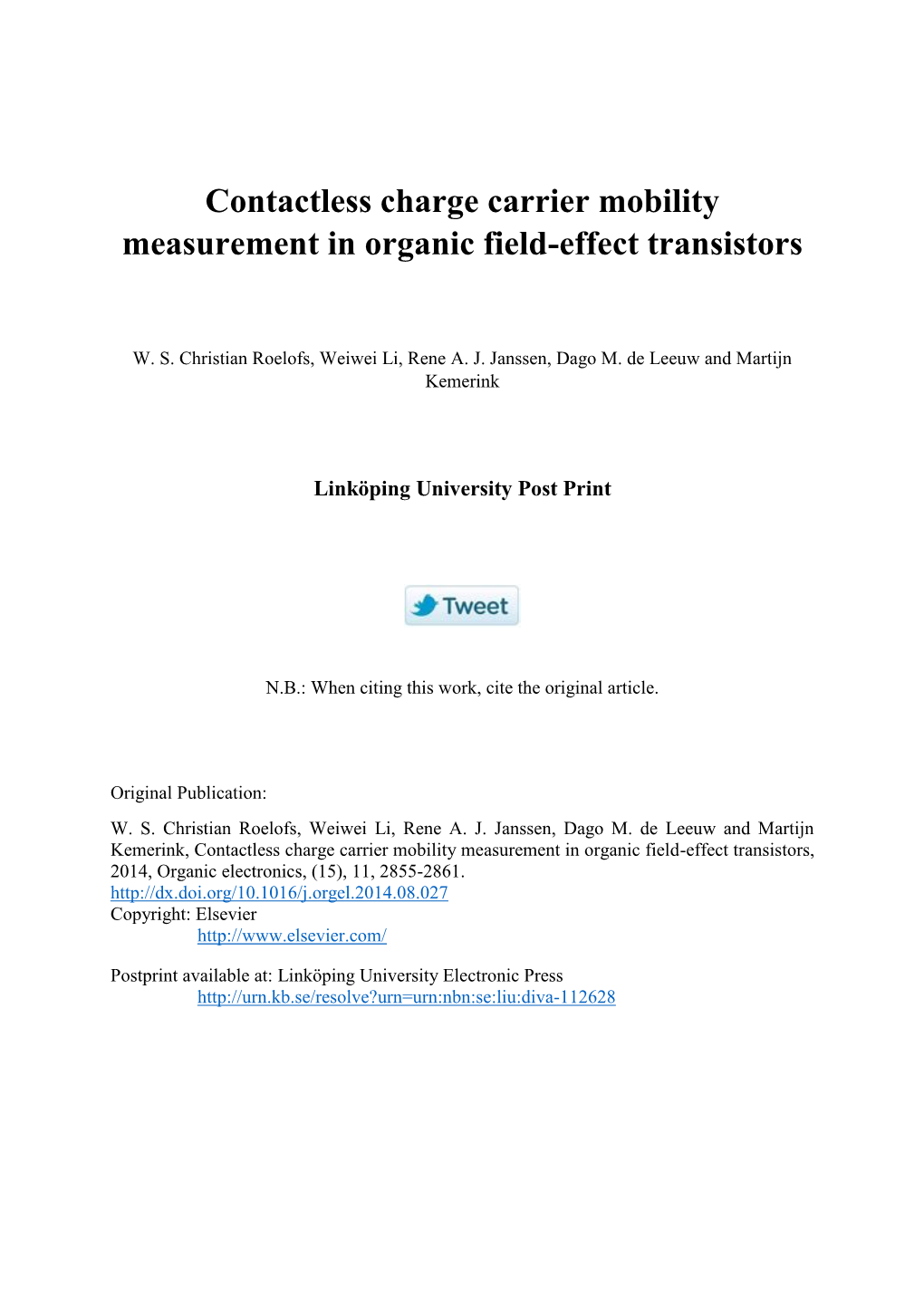 Contactless Charge Carrier Mobility Measurement in Organic Field-Effect Transistors