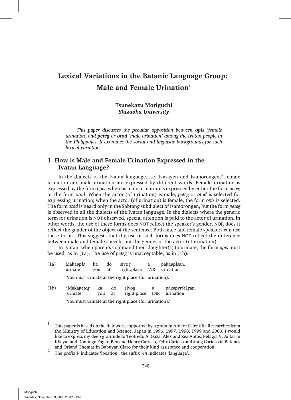 Lexical Variations in the Batanic Language Group: Male and Female Urination1