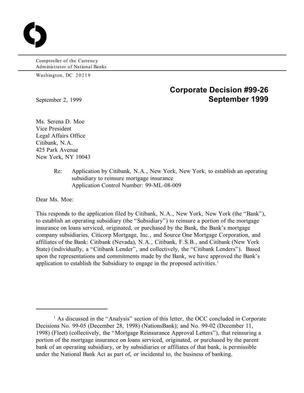 Corporate Decision #99-26 September 1999