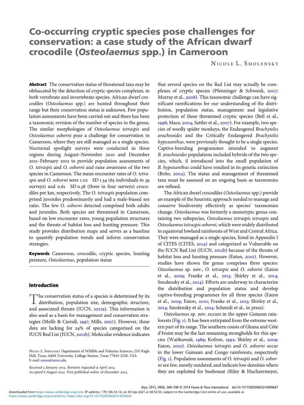 A Case Study of the African Dwarf Crocodile (Osteolaemus Spp.) in Cameroon