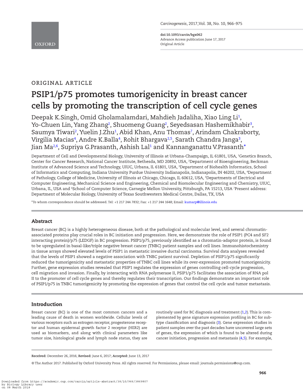 PSIP1/P75 Promotes Tumorigenicity in Breast Cancer Cells by Promoting the Transcription of Cell Cycle Genes