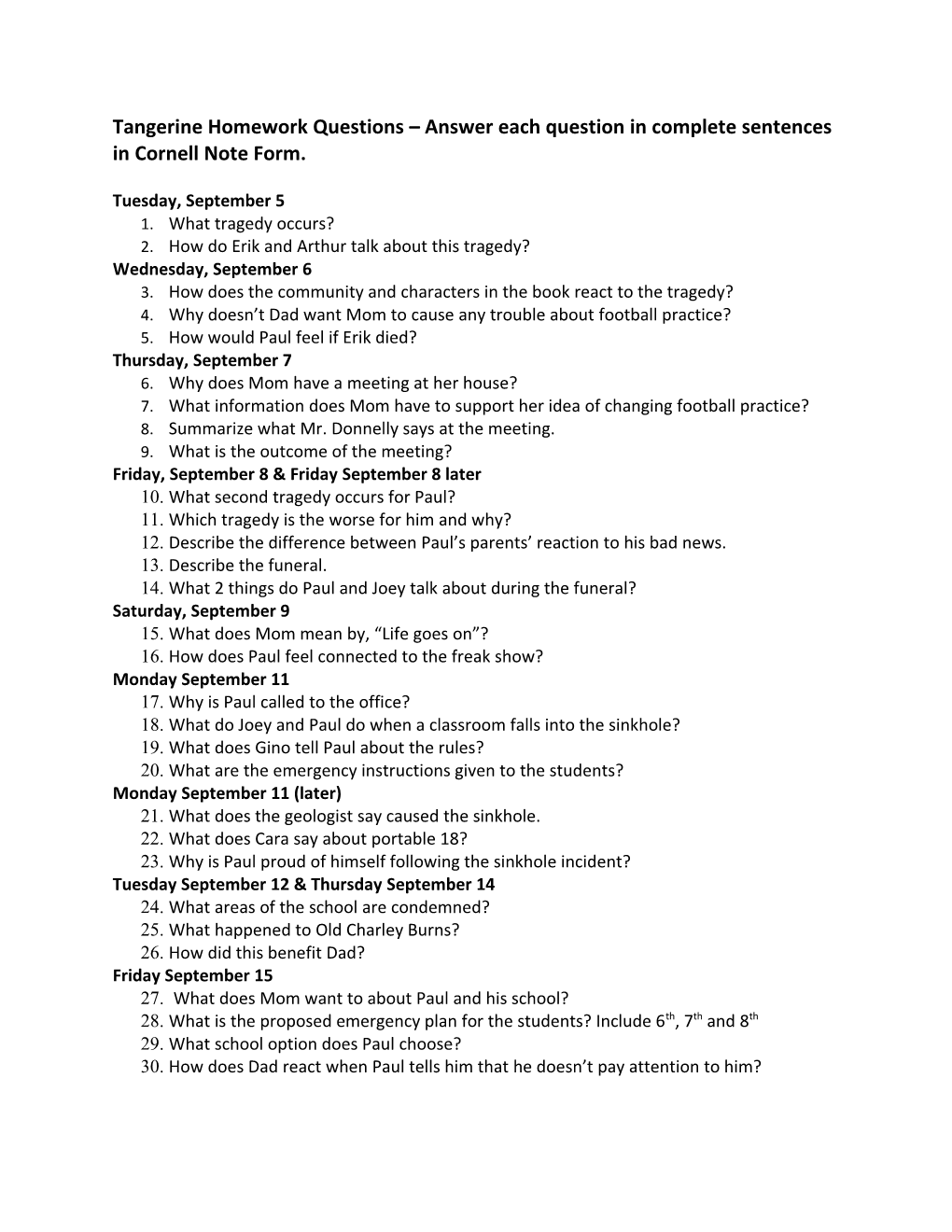 Tangerine Homework Questions Answer Each Question in Complete Sentences in Cornell Note Form