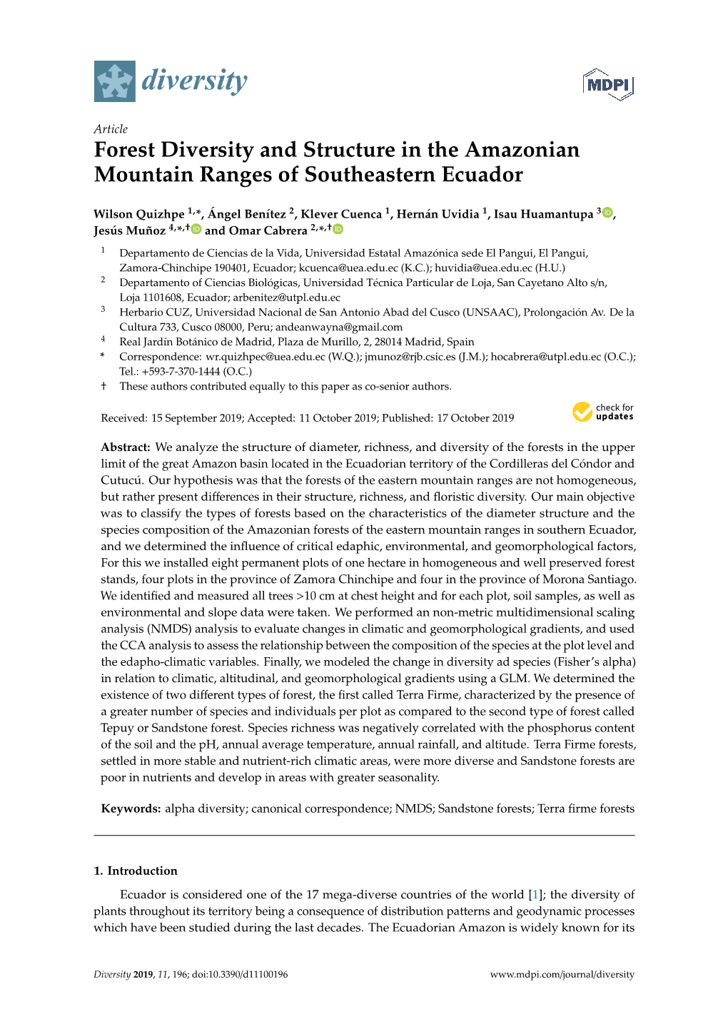 Forest Diversity and Structure in the Amazonian Mountain Ranges of Southeastern Ecuador