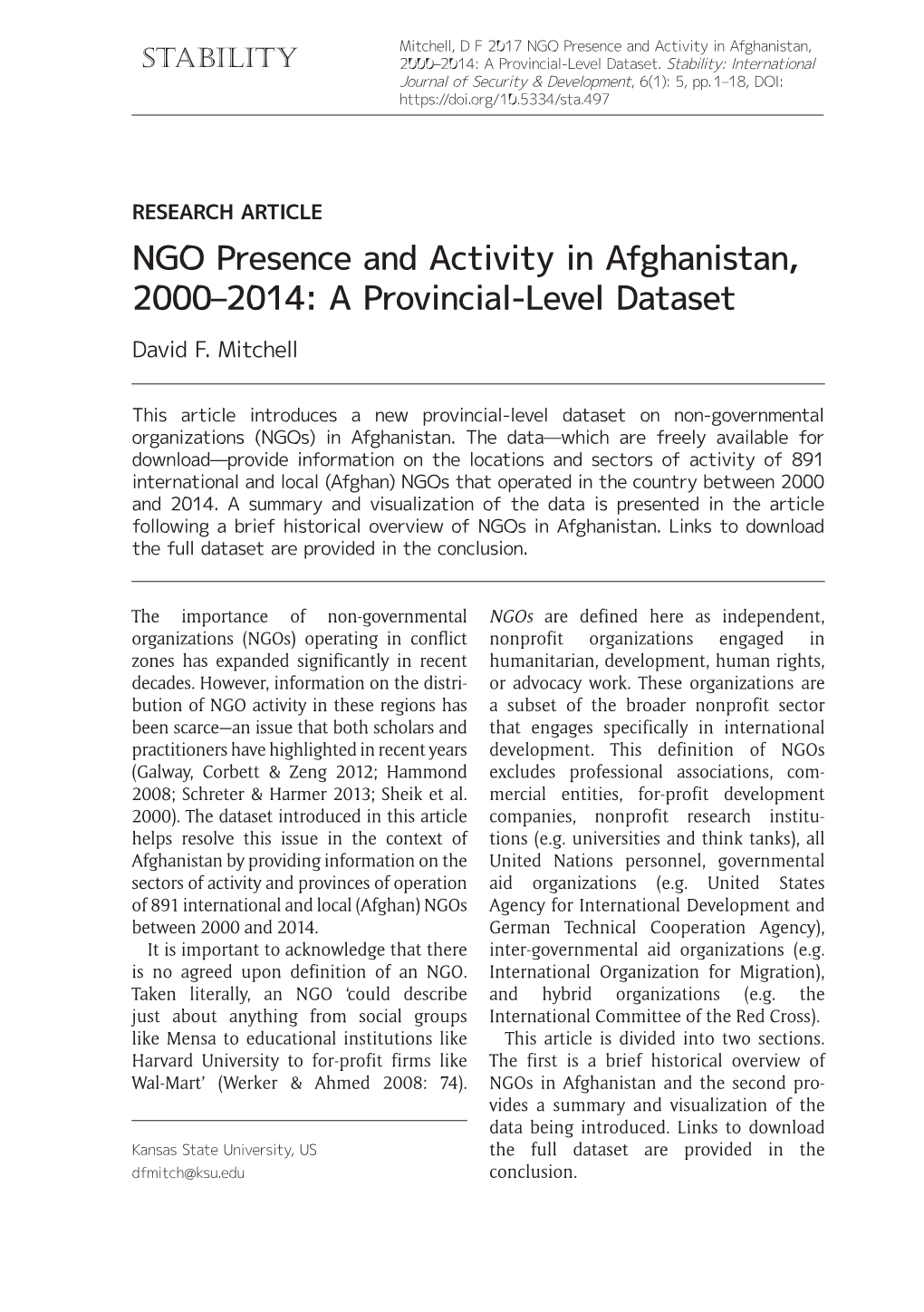 NGO Presence and Activity in Afghanistan, 2000–2014: a Provincial-Level Dataset David F