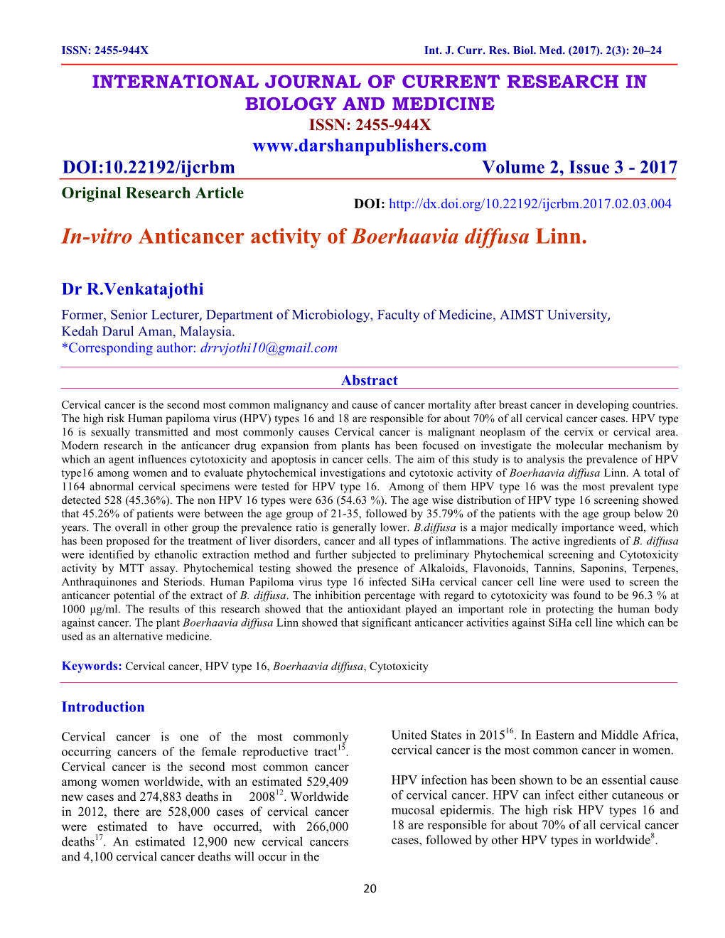 In-Vitro Anticancer Activity of Boerhaavia Diffusa Linn