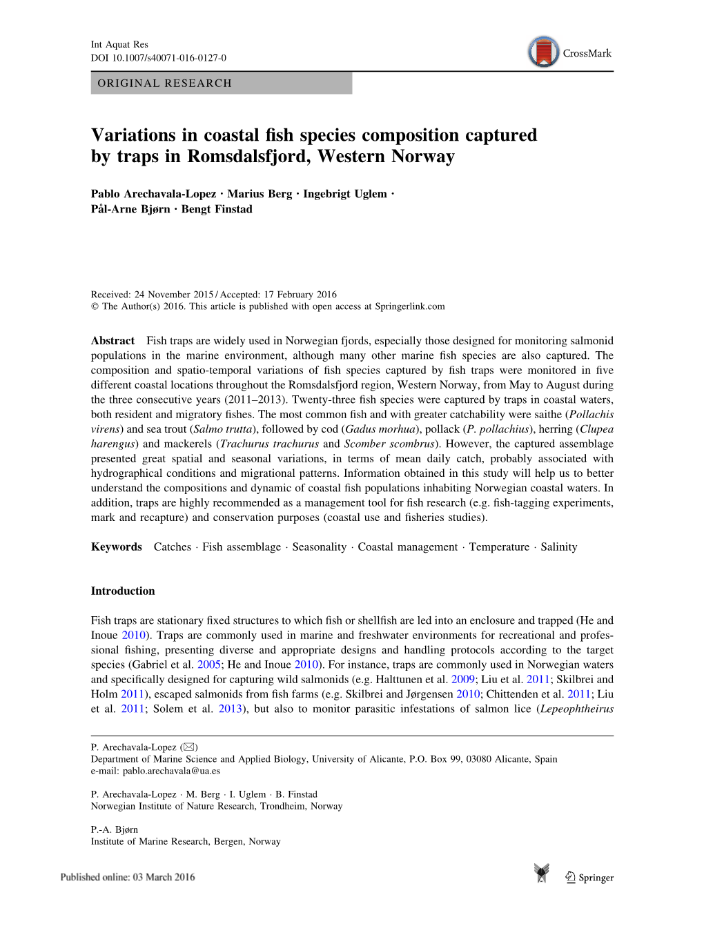 Variations in Coastal Fish Species Composition Captured by Traps In