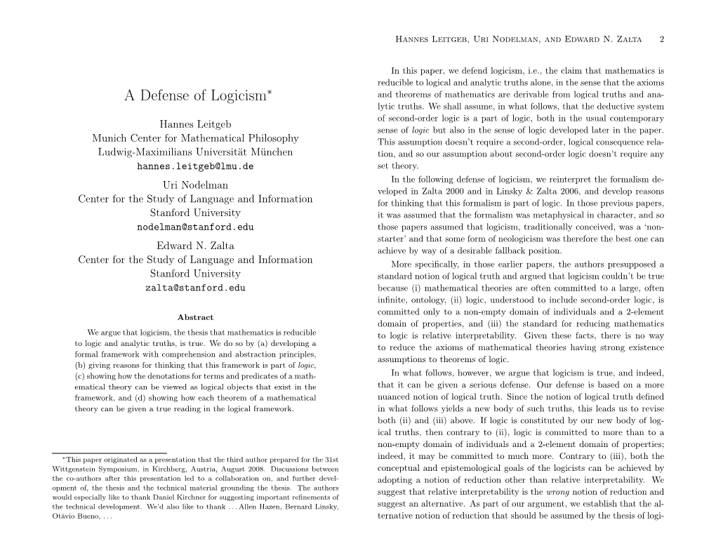 A Defense of Logicism∗ and Theorems of Mathematics Are Derivable from Logical Truths and Ana- Lytic Truths