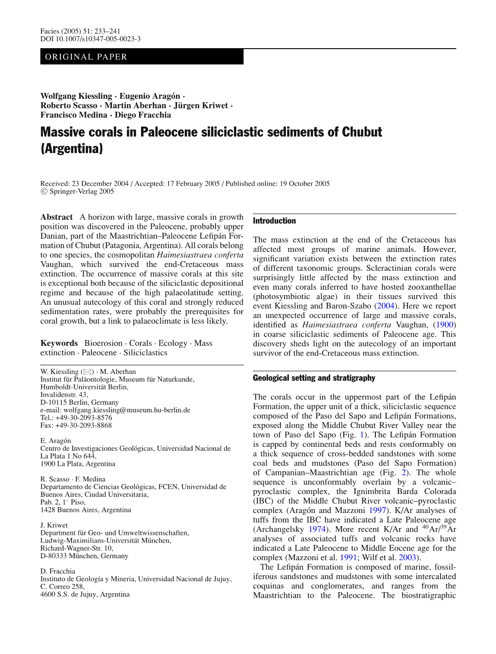 Massive Corals in Paleocene Siliciclastic Sediments of Chubut (Argentina)