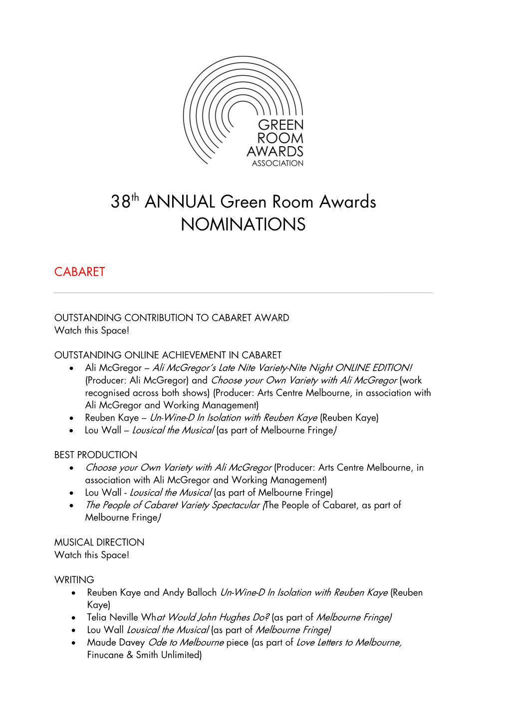 38Th ANNUAL Green Room Awards NOMINATIONS