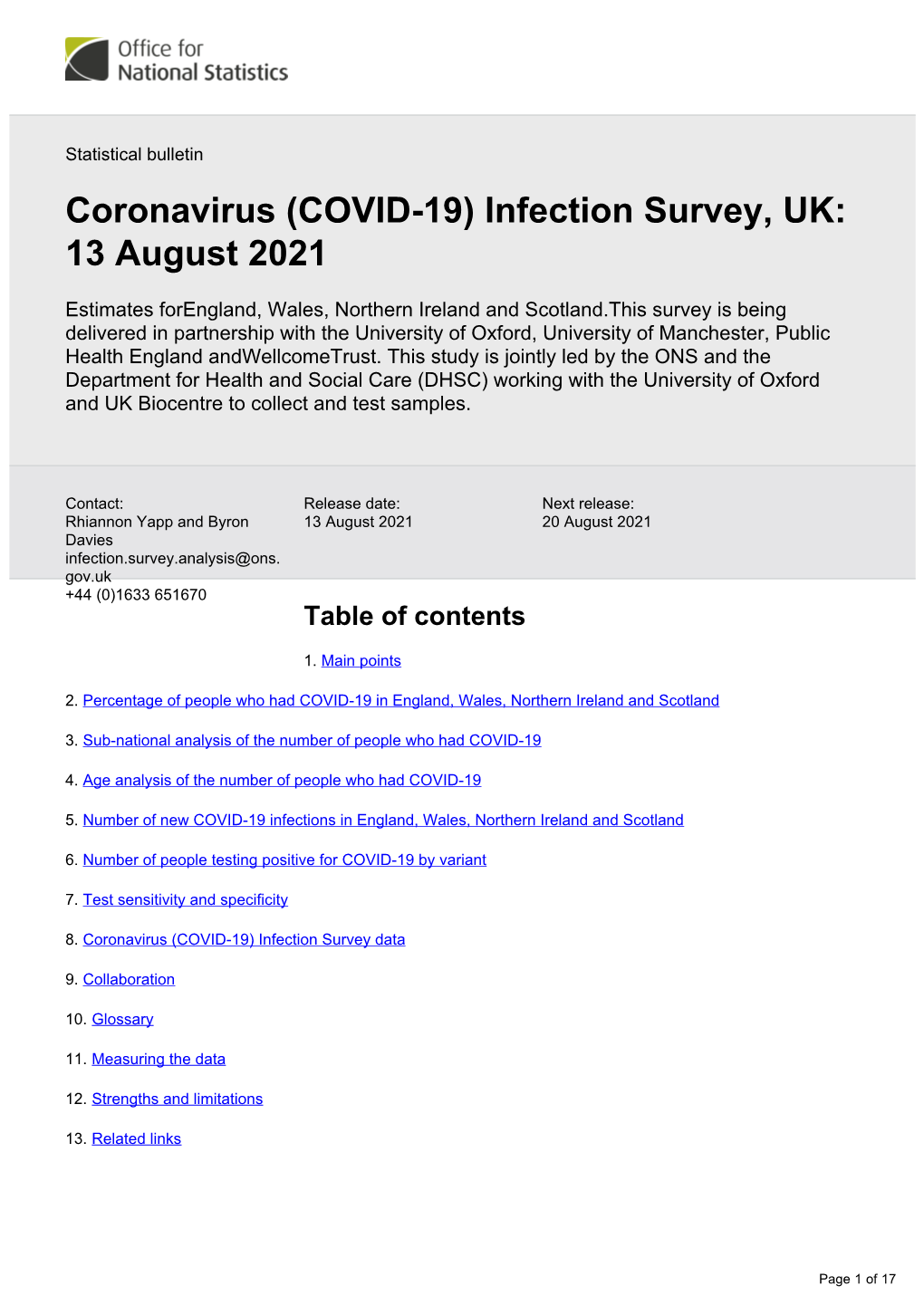 Coronavirus (COVID-19) Infection Survey, UK: 13 August 2021